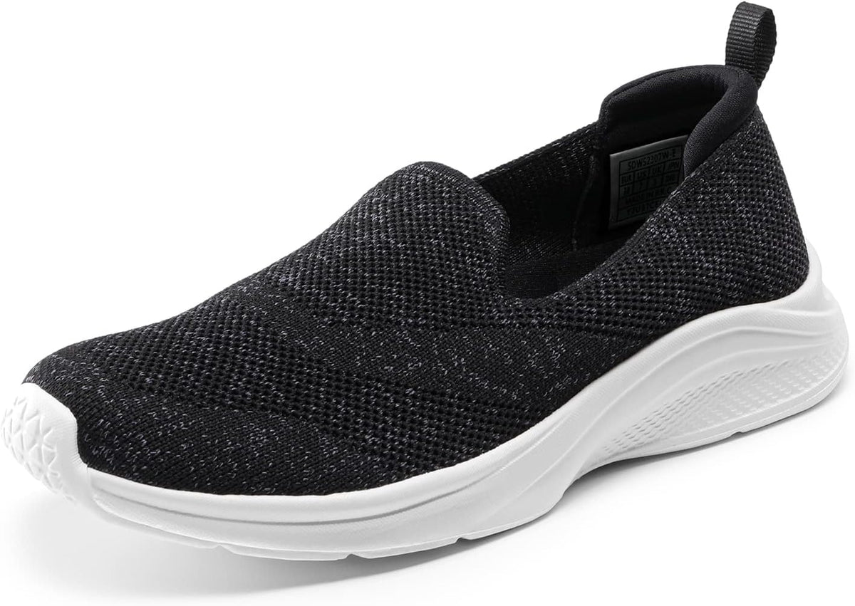 Black and white knit slip-on walking shoe without a visible logo